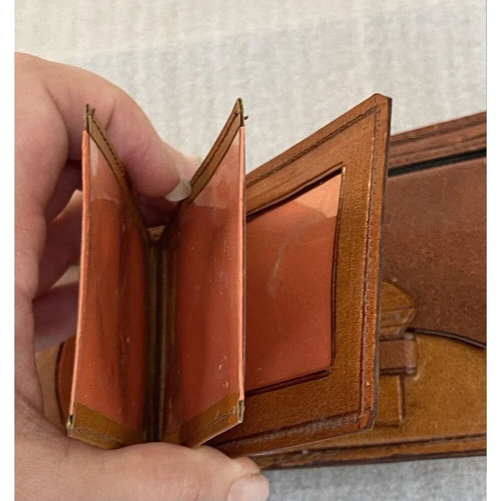 VTG Handcrafted Mexican Tooled Leather Bifold Wallet Aztec Calendar Sun ID Slot